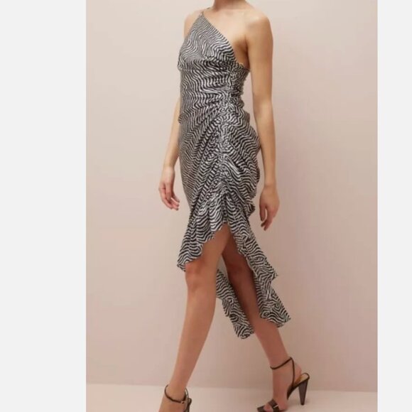 Cinq a Sept Christel One Shoulder Asymmetrical Ruffle Hem Silk Midi Dress Size 2 - Picture 2 of 12